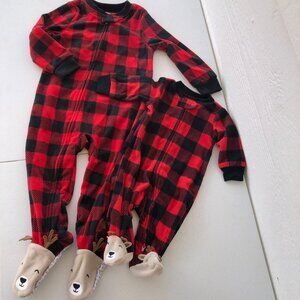 Christmas Carter's Red Check Sibling Pajama Set with Reindeer Footies